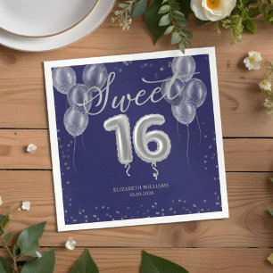 Silver Foil Sweet 16 Bday Balloons Royal Blue Napkin