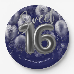 Silver Foil Sweet 16 Bday Balloons Royal Blue Paper Plate