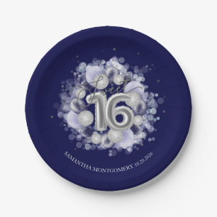 Silver Foil Sweet 16 Bday Balloons Royal Blue Paper Plate