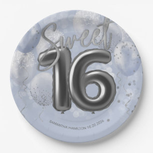 Silver Foil Sweet 16 Birthday Balloons Dusty Blue Paper Plate
