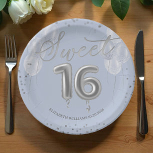 Silver Foil Sweet 16 Birthday Balloons Party Blue Paper Plate
