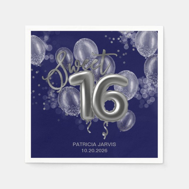 Silver Foil Sweet 16 Birthday Balloons Royal Blue Napkin (Front)