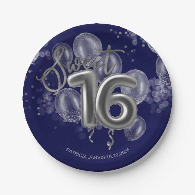 Silver Foil Sweet 16 Birthday Balloons Royal Blue Paper Plate (Front)