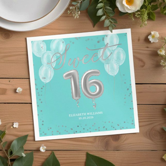 Silver Foil Sweet 16 Birthday Balloons Royal Teal Napkin (Creator Uploaded)