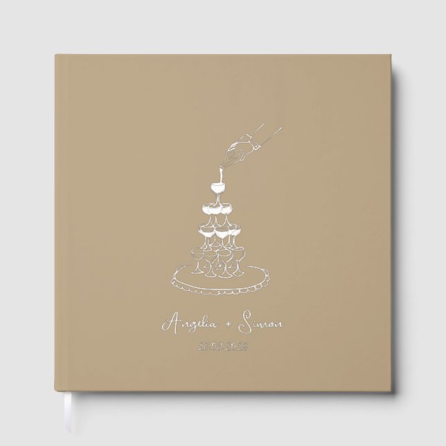 Silver Foil Taupe Champagne Tower Wedding Guest Book (Front)