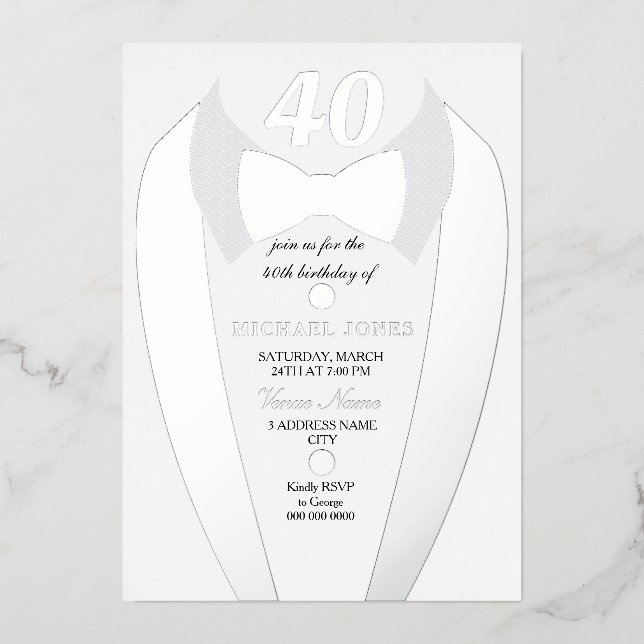Silver Foil Tuxedo Suit Mens 40th Birthday Party (Front)
