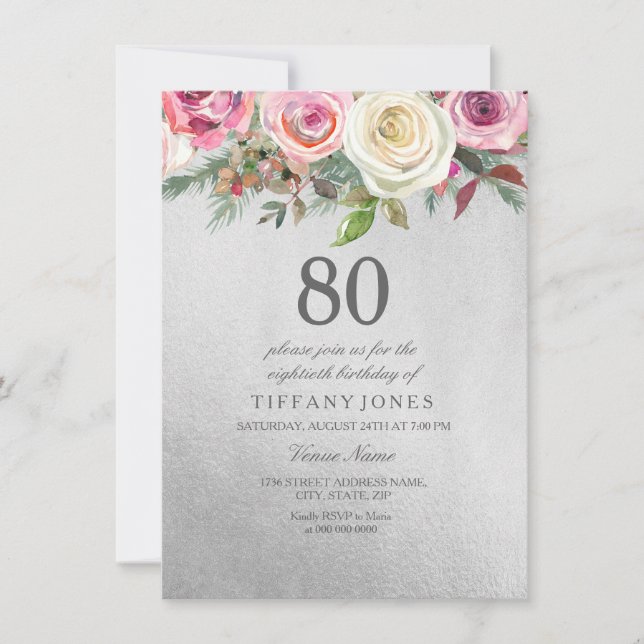 Silver Foil White Pink Rose 80th Birthday Invite (Front)