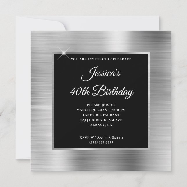 Silver Foil with Black Overlay 40th Birthday Invitation (Front)