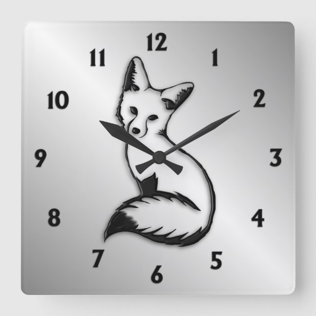 Silver Fox Black Numbers Square Wall Clock (Front)