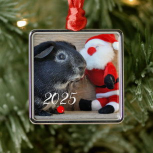 Silver Fox Guinea Pig with Santa Toy Metal Tree Decoration