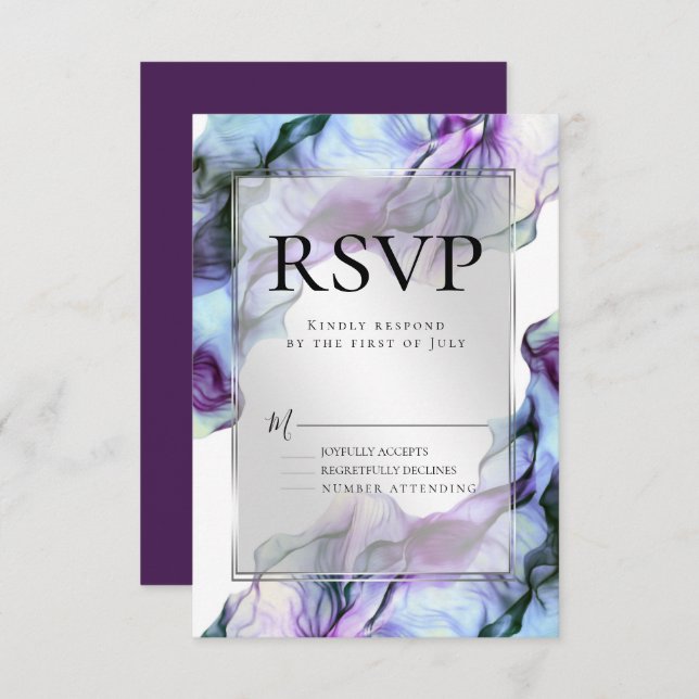 Silver Frame Abstract Plum Teal Flowing Ink Invitation (Front/Back)