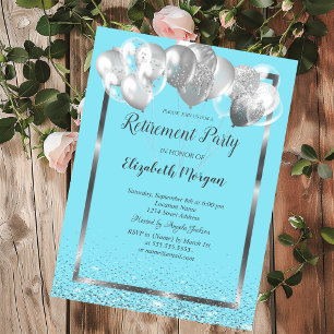 Silver Frame Balloons Light Blue Retirement Invitation