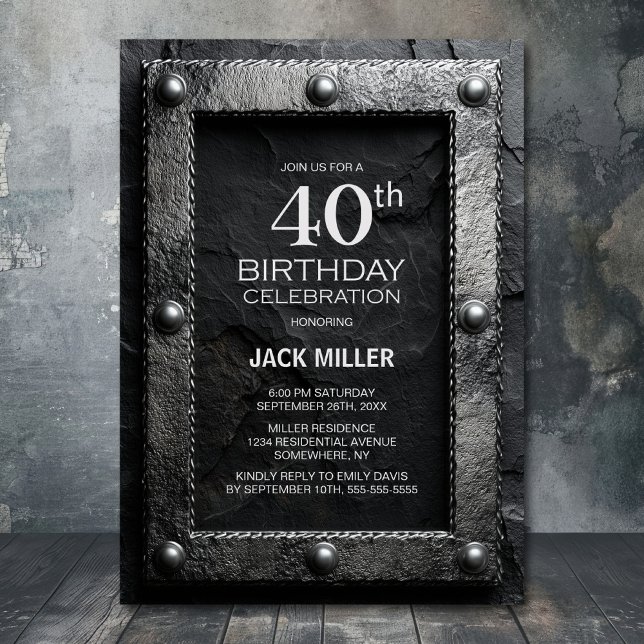 Silver Frame Black Slate 40th Birthday Party Invitation (Creator Uploaded)