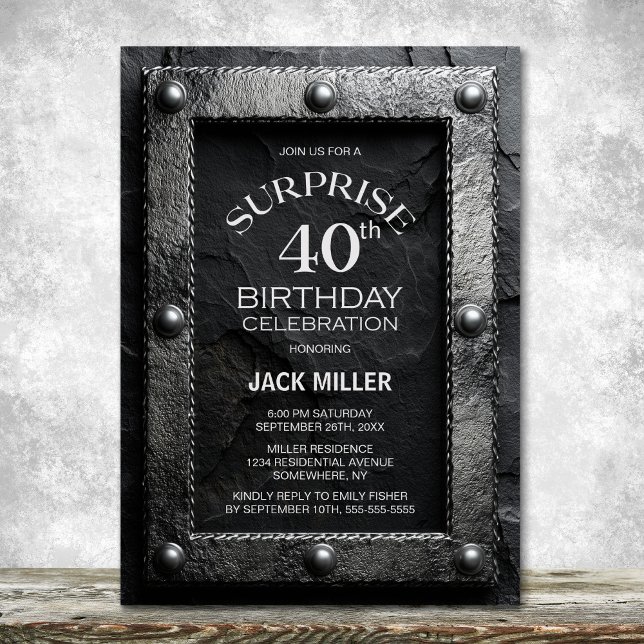 Silver Frame Black Slate Surprise 40th Birthday Invitation (Creator Uploaded)