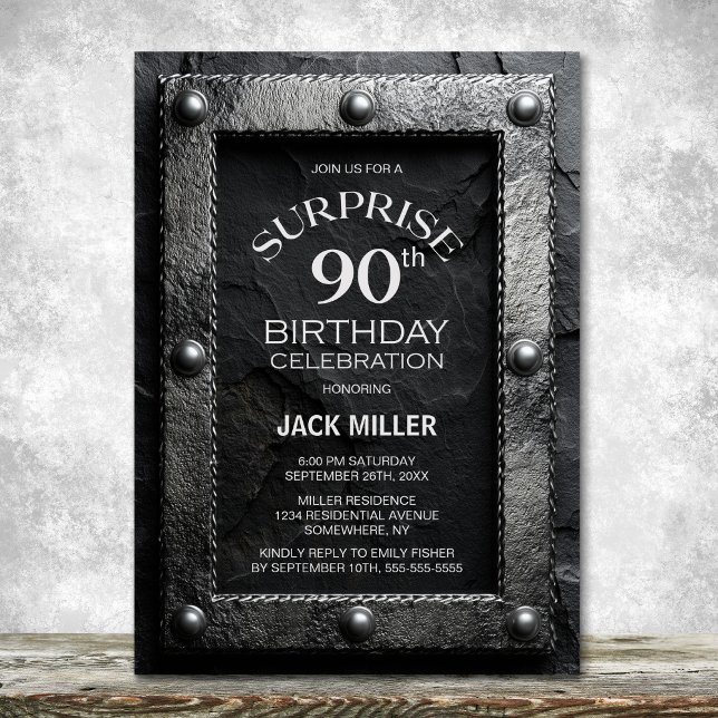Silver Frame Black Slate Surprise 90th Birthday Invitation (Creator Uploaded)