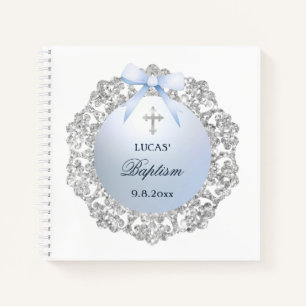 Silver Frame Blue Bow Baptism Square Guest Book