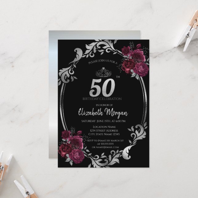Silver Frame Burgundy Roses Black 50th Birthday Invitation (Front/Back In Situ)