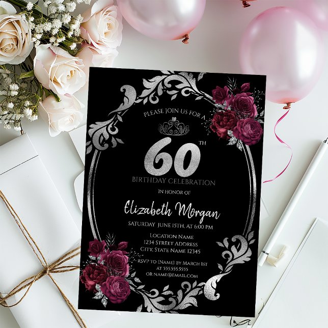 Silver Frame Burgundy Roses Black 60th Birthday Invitation (Creator Uploaded)