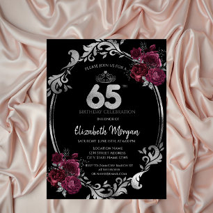 Silver Frame Burgundy Roses Black 65th Birthday Invitation