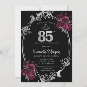Silver Frame Burgundy Roses Black 85th Birthday Invitation