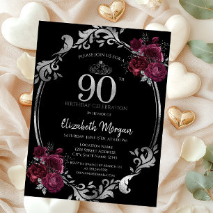 Silver Frame Burgundy Roses Black 90th Birthday Invitation