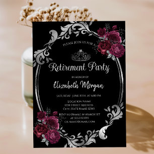 Silver Frame Burgundy Roses Black Retirement Invitation