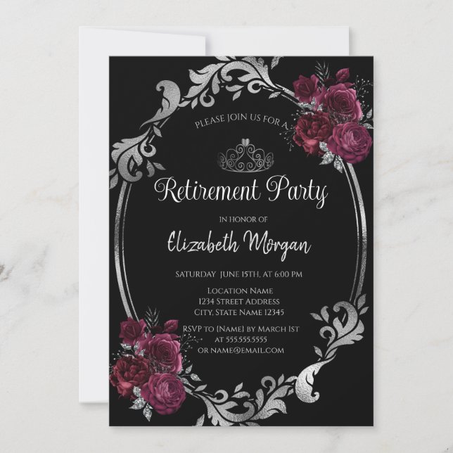 Silver Frame Burgundy Roses Black Retirement Invitation (Front)
