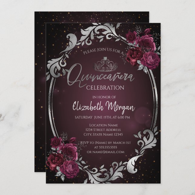 Silver Frame Burgundy Roses Dark Quinceañera  Invitation (Front/Back)