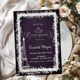 Silver Frame Eiffel Tower Dark Purple Quinceanera Invitation