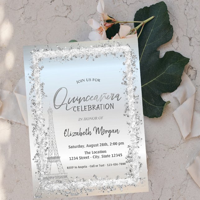 Silver Frame Eiffel Tower Silver Quinceanera Invitation (Creator Uploaded)