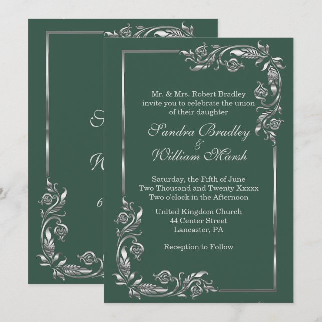 Silver Frame Forest Green  Invitation (Front/Back)