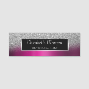 Silver Frame,Glitter Ombre Purple Metallic Name Tag