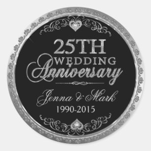 Silver Frame & Hearts 25th Wedding Anniversary Classic Round Sticker