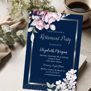 Silver Frame Lavander Flowers Retirement Invitation