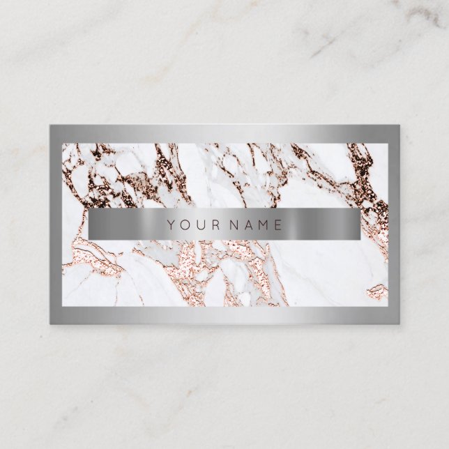 Silver Frame Metal Stone Grey Marble Rose Copper Business Card (Front)
