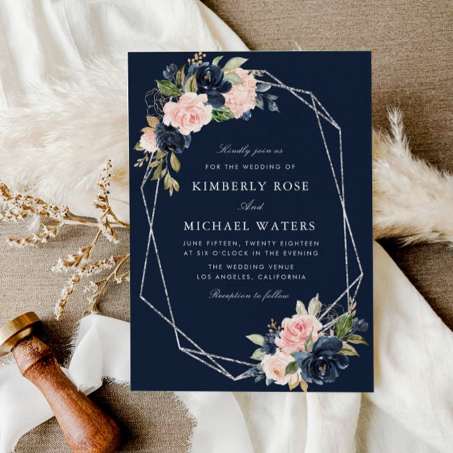 silver frame Navy and blush floral wedding Invitation (Creator Uploaded)