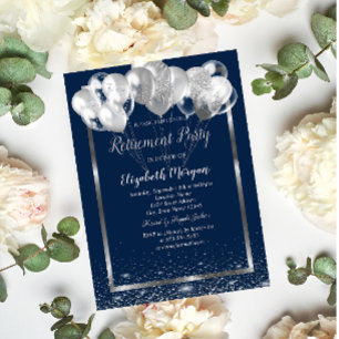 Silver Frame Navy Confetti Balloons Retirement Invitation