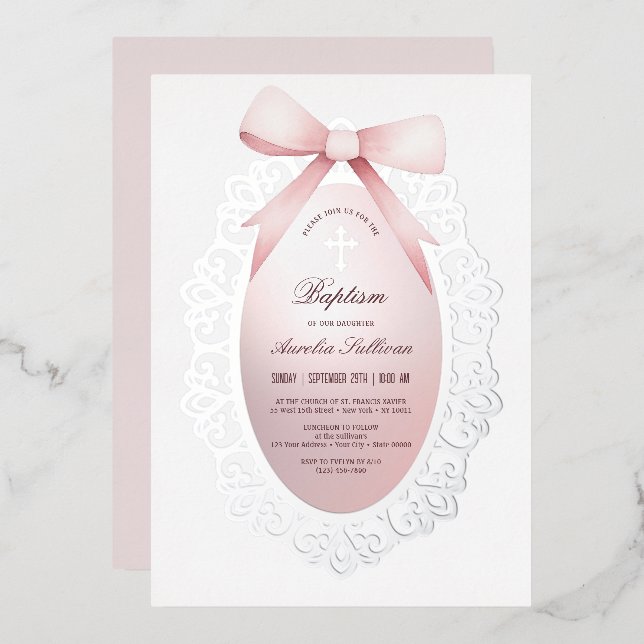 Silver Frame Pink Bow Baptism (Front/Back)
