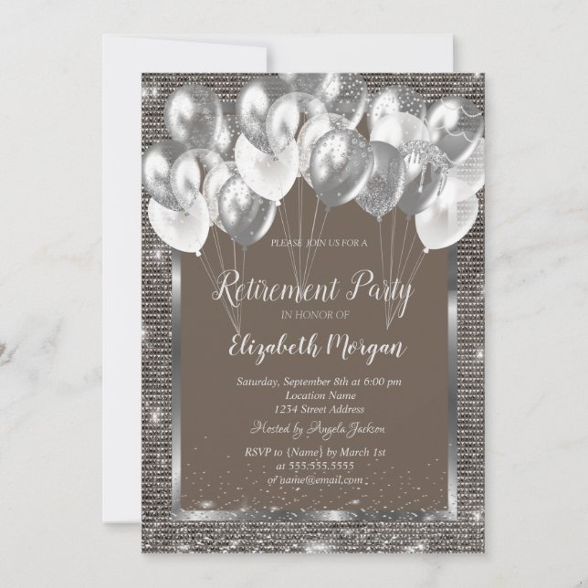Silver Frame Sequins Balloons Brown Retirement  Invitation (Front)