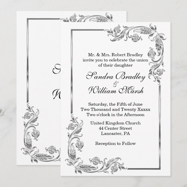 Silver Frame Traditional White Invitation (Front/Back)
