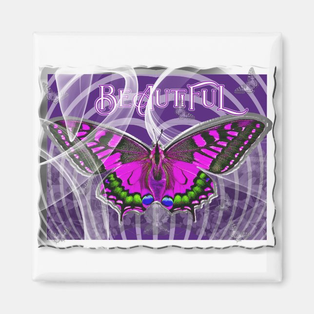 Silver Framed Colorful Butterfly with Swirls Magnet (Front)