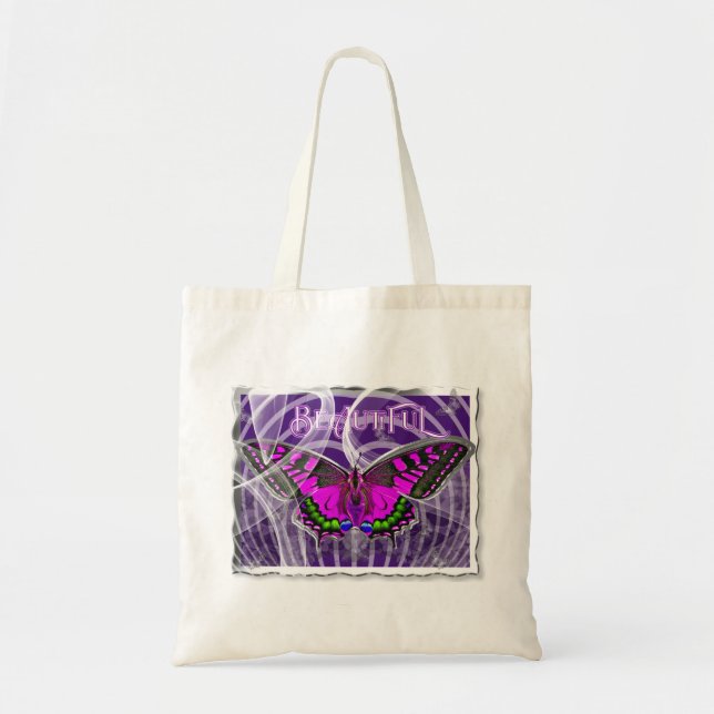 Silver Framed Colorful Butterfly with Swirls Tote Bag (Front)