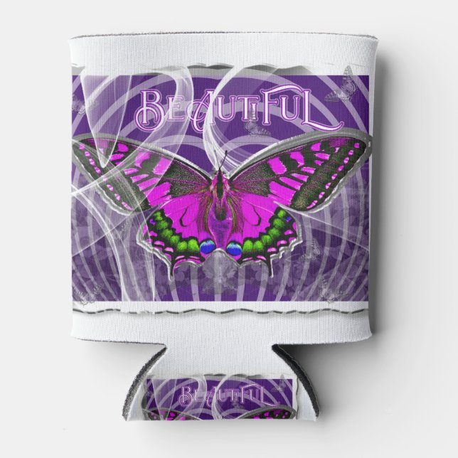 Silver Framed Colourful Butterfly with Swirls Can Cooler (Front)