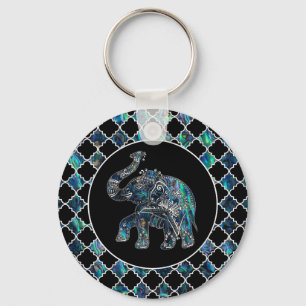 Silver Framed Elephant on Abalone and Pearl Key Ring