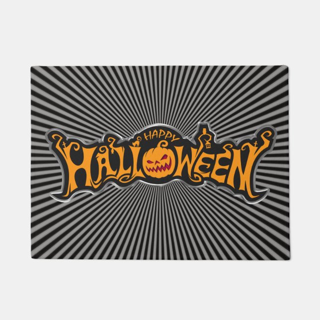 Silver Framed Happy Halloween Ruby Eyed Pumpkin Doormat (Front)