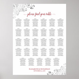 Silver Frills 29 Table Wedding Seating Chart Red