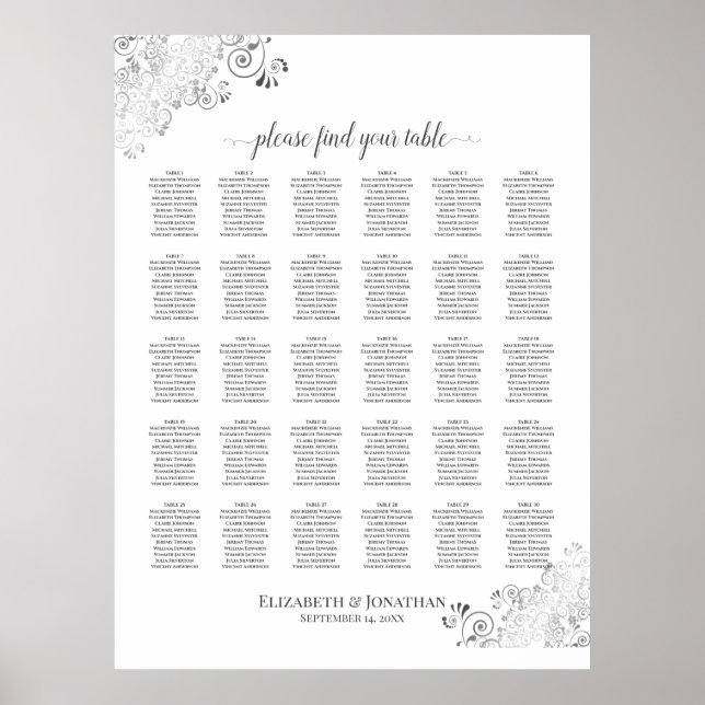 Silver Frills 30 Table Wedding Seating Chart White (Front)