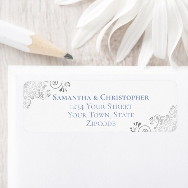 Silver Frills Blue on White Wedding Return Address (Insitu)