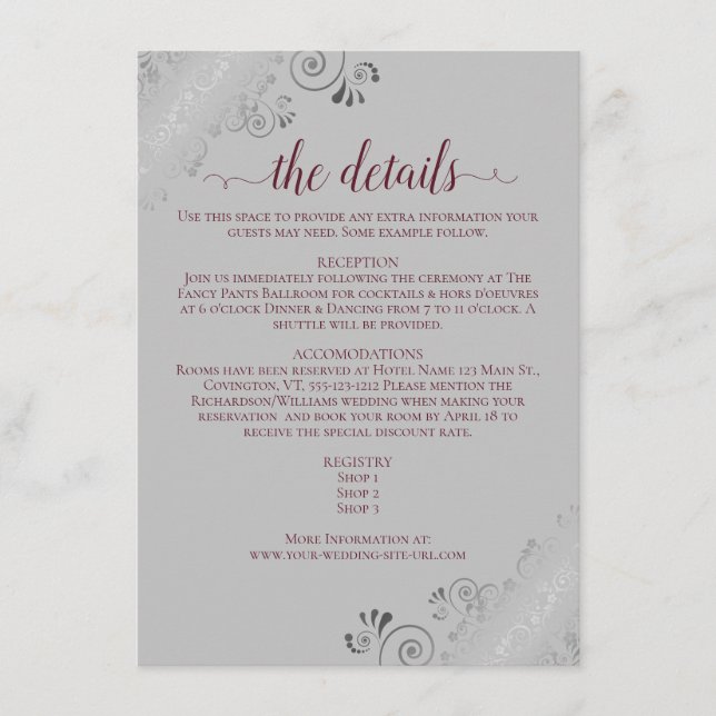 Silver Frills Burgundy on Grey Wedding Details Enclosure Card (Front)