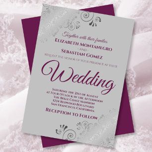 Silver Frills Cassis Purple on Grey Wedding Invitation
